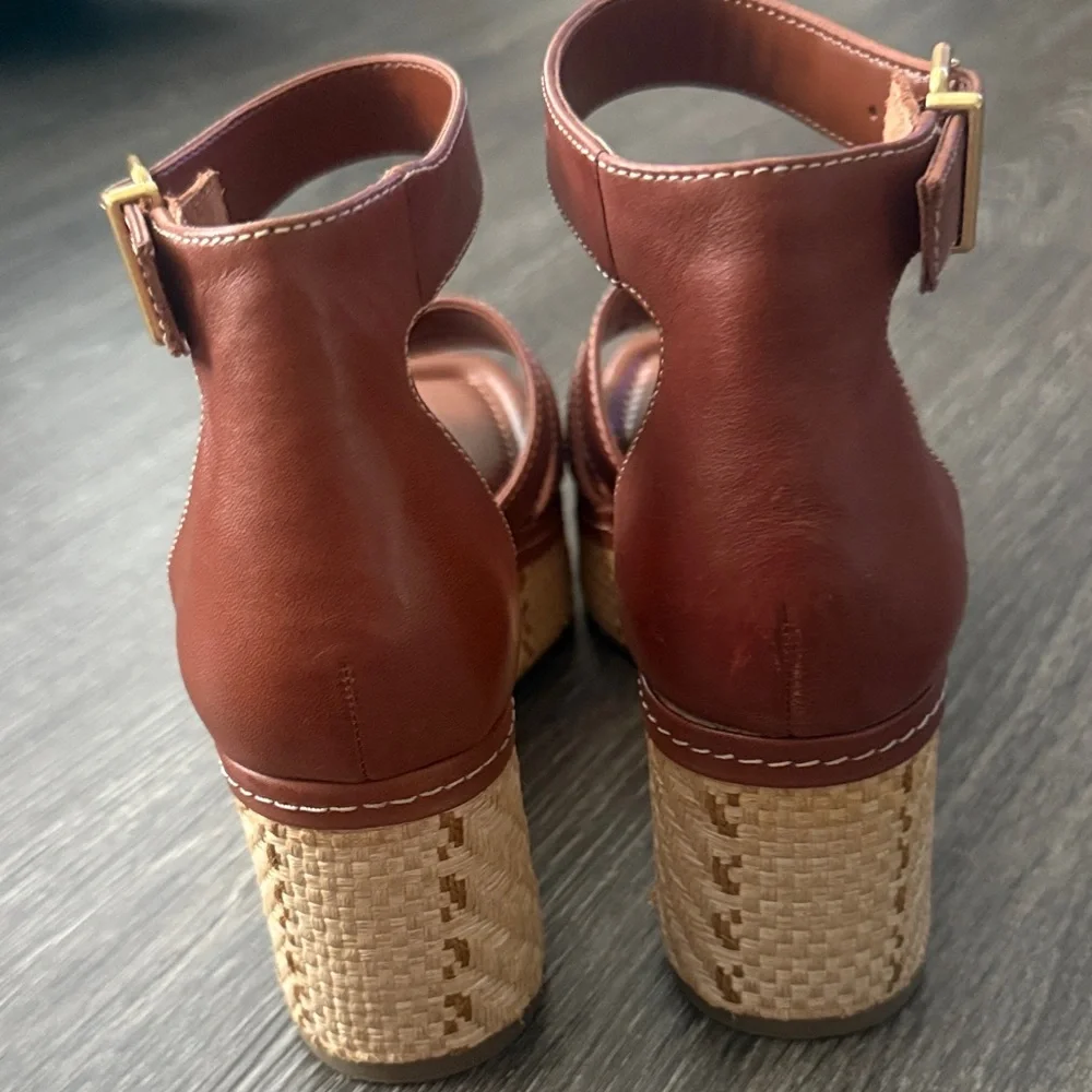 Vince Camuto Cognac Leather Platform Wedge Sandals with Ankle Strap